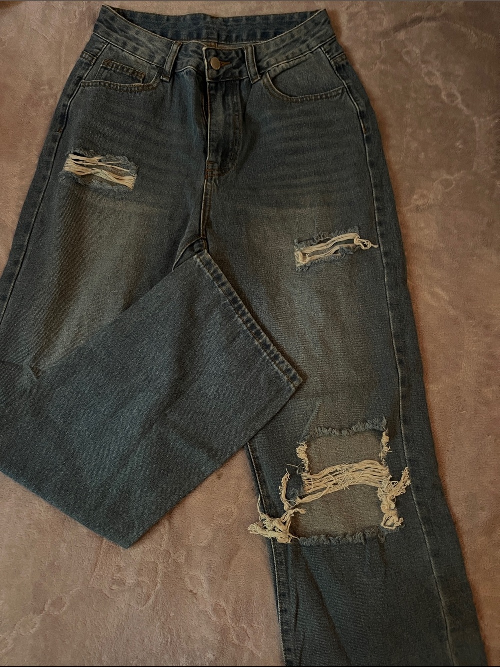 SHEIN Distressed Straight-Leg Dark Blue Women's Jeans